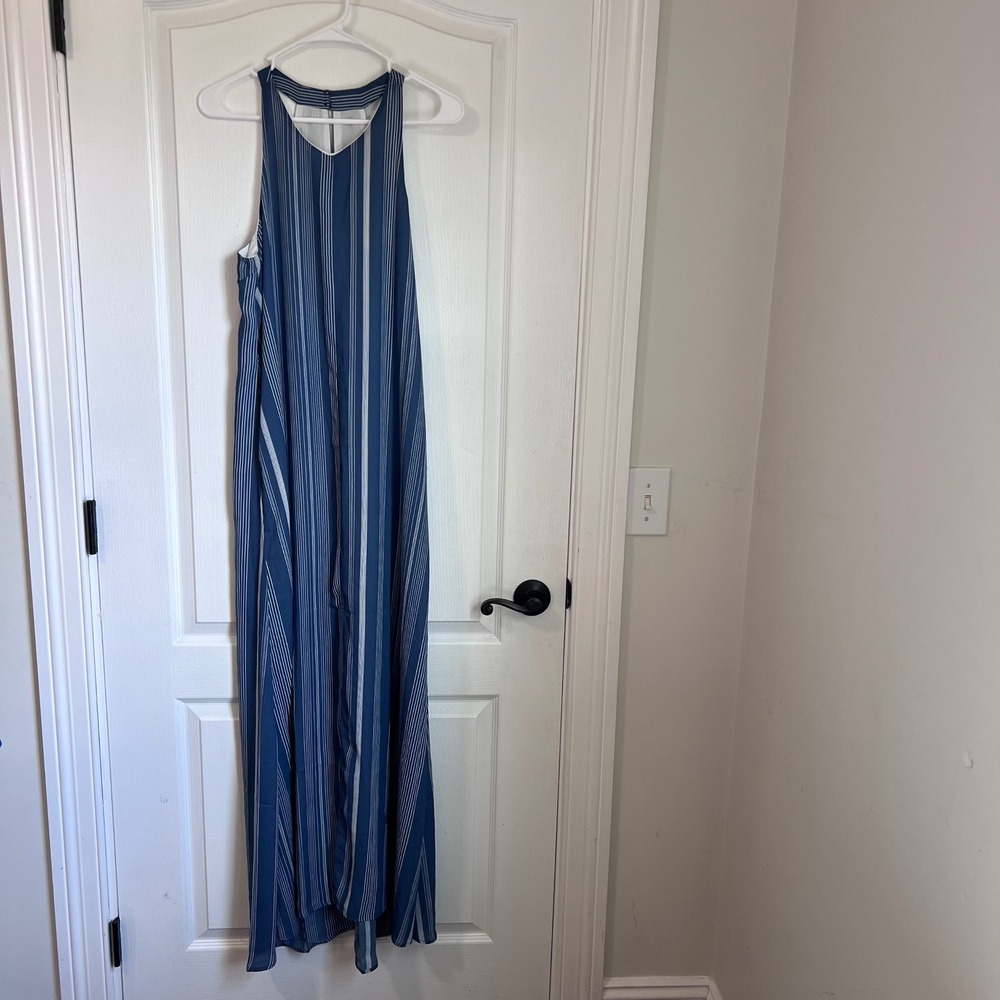 Three Eighty Two Blue White Striped Halter Maxi Dress Small Sleeveless Racerback
